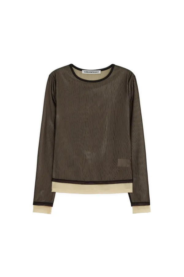 MESH LAYERED LONG SLEEVE TOP, BROWN