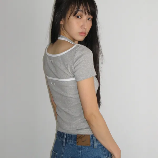 LAYERED HALTER RINGER T SHIRT GREY