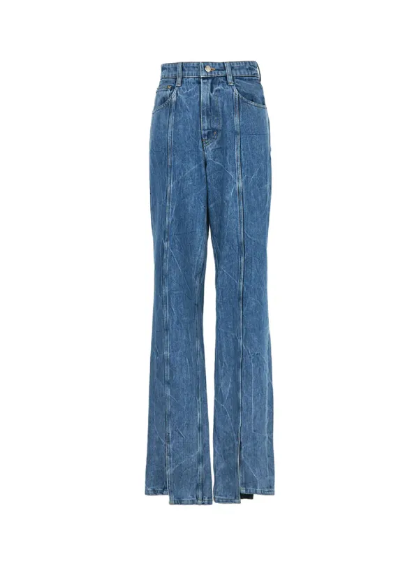 WRINKLE WASHED DENIM SLIT PANTS (BLUE)