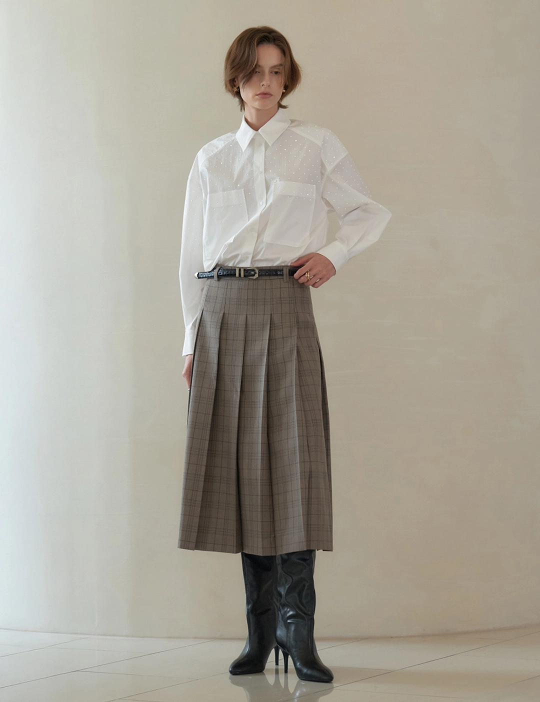 노미나떼 Daeven Check Pleats Skirts (Beige) 상품 이미지 2