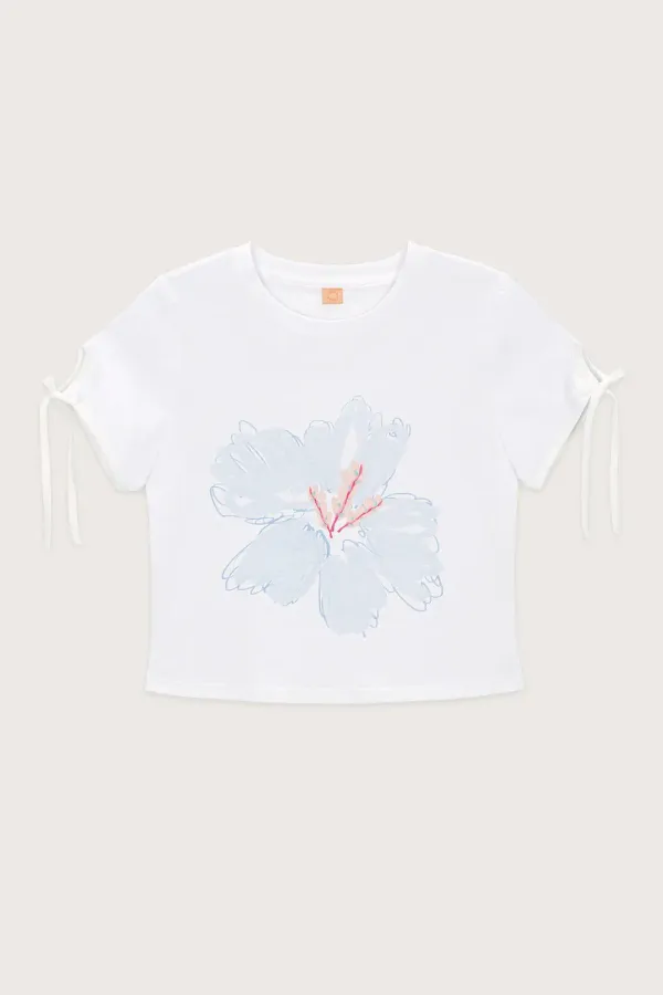 Printed Ribbon Sleeve T-Shirt (Sky Blue)