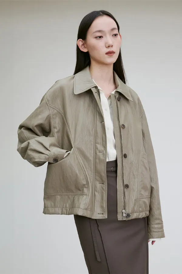 DRAWSTRING HEM FAUX LEATHER JACKET