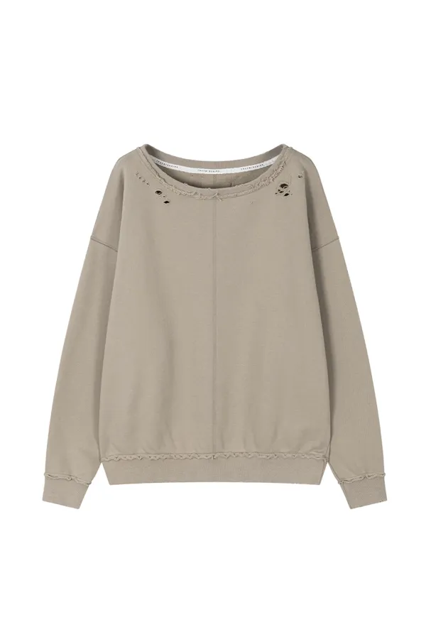 Scratch Damage Boat Neck Sweat Shirt [ Beige ]