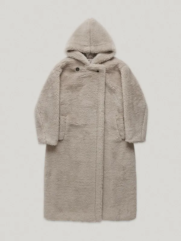 Greige Teddy Shearling Hooded Coat (5th)