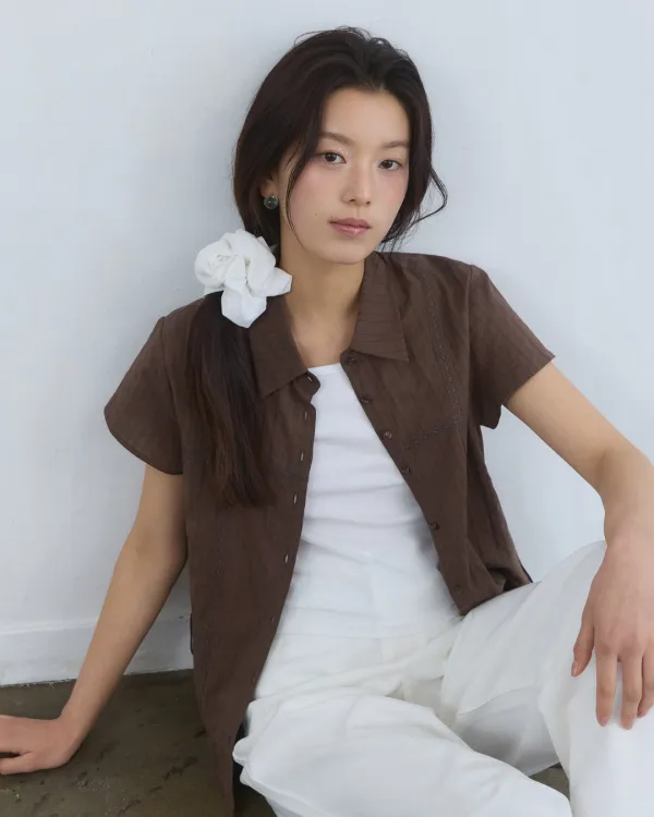 Cross lace see through belted blouse - brown