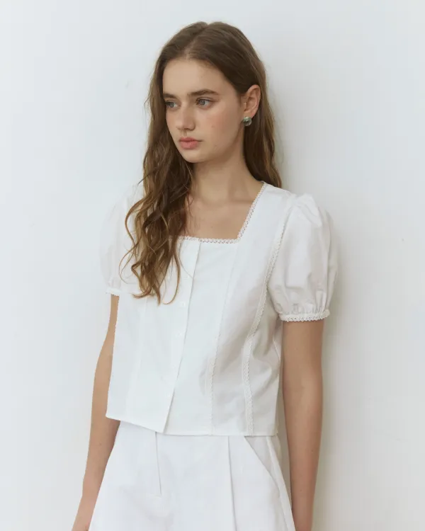 Lace point puff square neck blouse - white