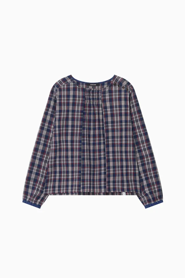 SMOCKED SHIRRING BLOUSE, NAVY CHECK