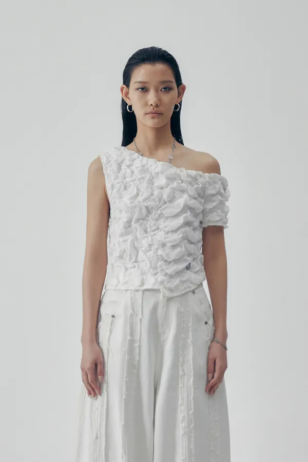 Volume One-shoulder Frill Top [ White ]