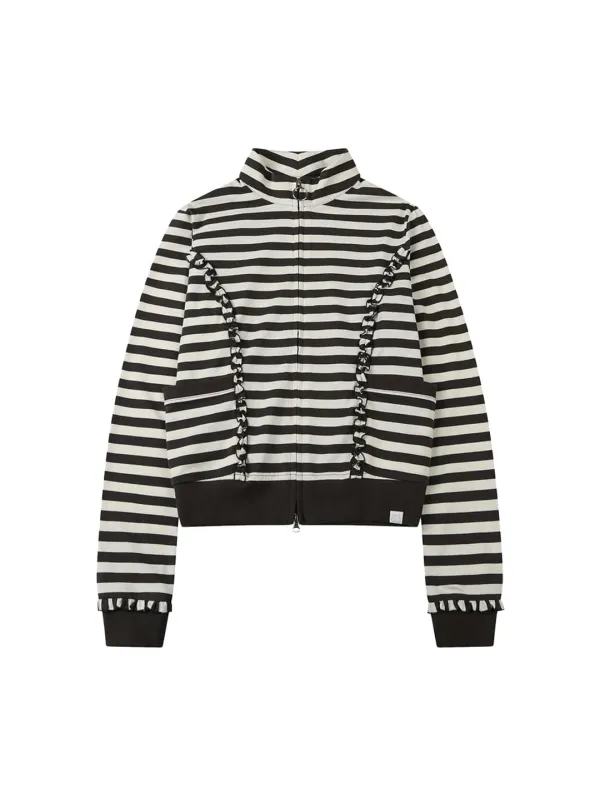 STRIPE RUFFLE JERSEY ZIP-UP [CHARCOAL]