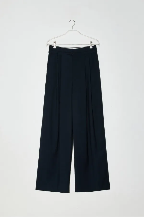 BELTED PINTUCK WIDE SLACKS - NAVY