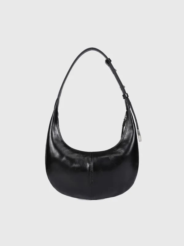 (W) OIL PULL UP LEATHER CRESCENT BAG_ BLACK
