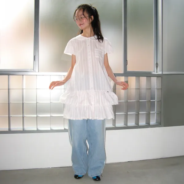 ROUND COLLAR FRILL KANGKANG SHIRT DRESS PINK STRIPE