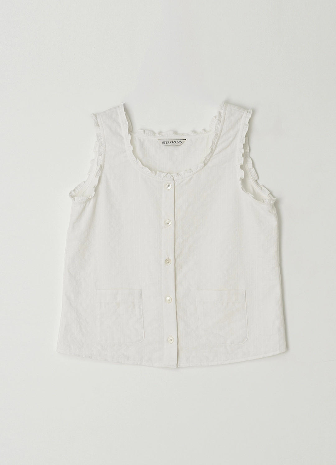 스텝어라운드 Ruffle pocket crop blouse_WHITE 상품 이미지 1