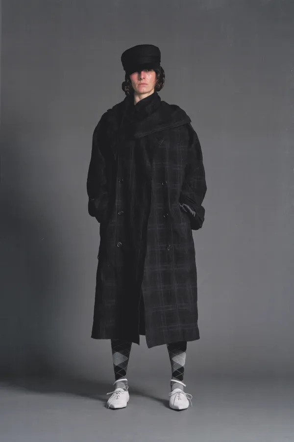 PF26 GRAY CHECK SCARF-LAYERED TRENCH COAT