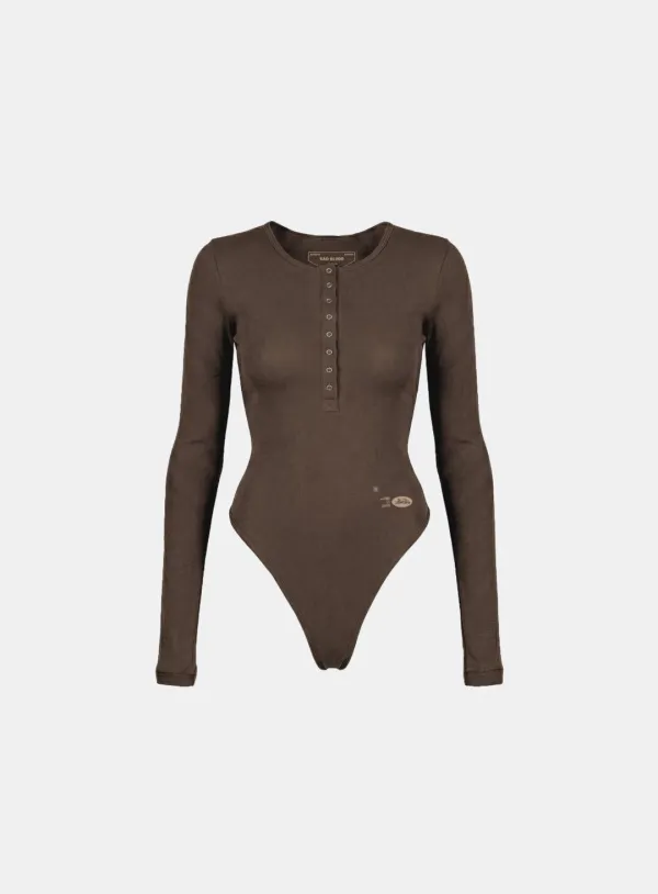 [w-jst26-002] BS Cotton Jersey Henley Neck Bodysuit - Brown