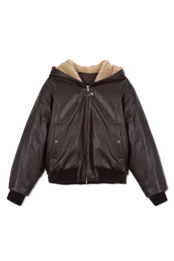 FAUX LEATHER ZIP UP HOODY IN BROWN