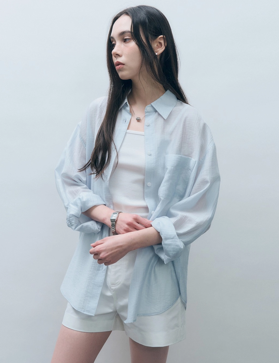 몽돌 [6/24예약배송]텐셀 시스루 루즈핏 셔츠 스카이블루 MDSH019SKYBLUE 상품 이미지 2