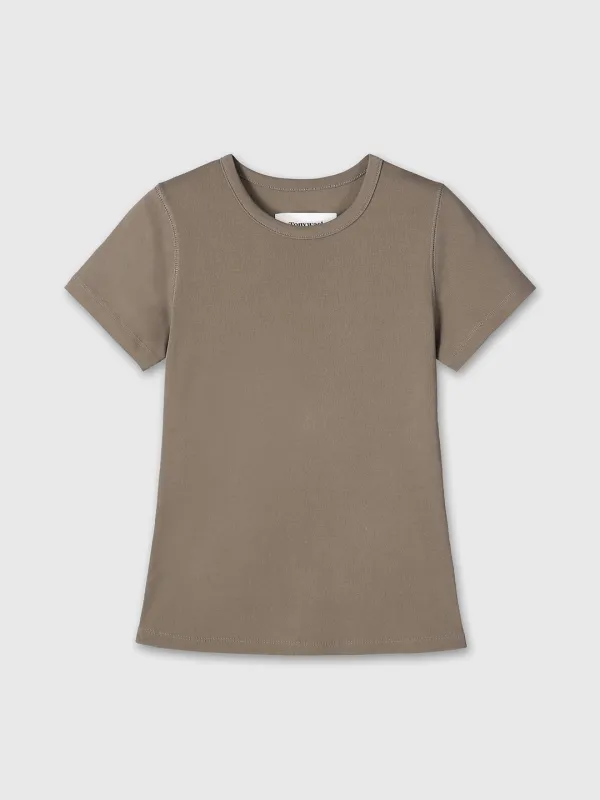 (W) RIBBED HALF SLEEVE T-SHIRTS_ TAUPE