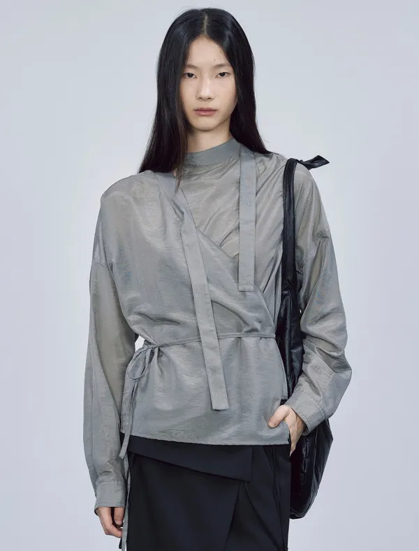 TIE DETAIL WRAP BLOUSE [GREY]