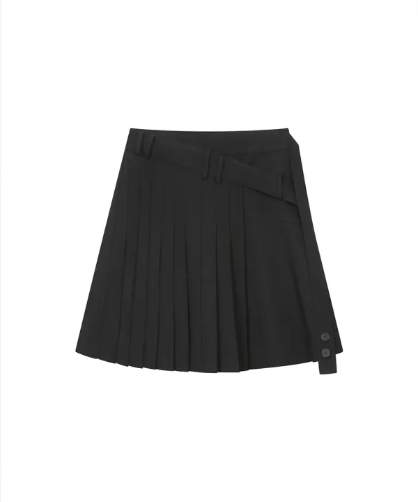 [레이 PICK] Diagonal belted midi skirt BLACK