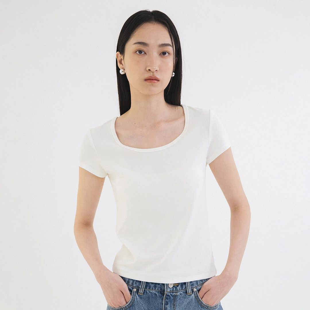 시야쥬 SITP5201 레트로 U넥 슬림 반팔티_Ivory 상품 이미지 2