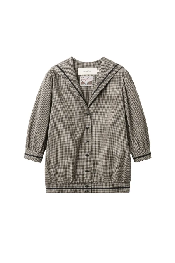 Via Sailor collar check blouse (Beige check)