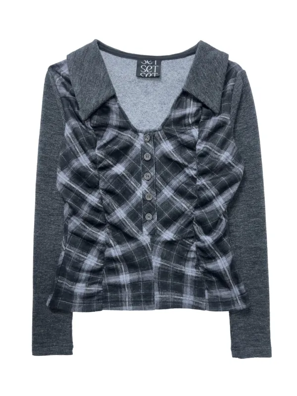 LABYRINTH CHECK SHIRRING TOP CHARCOAL