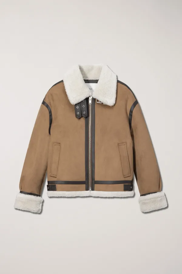 UNISEX LOOSE FIT LINE SHEARLING JACKET CAMEL