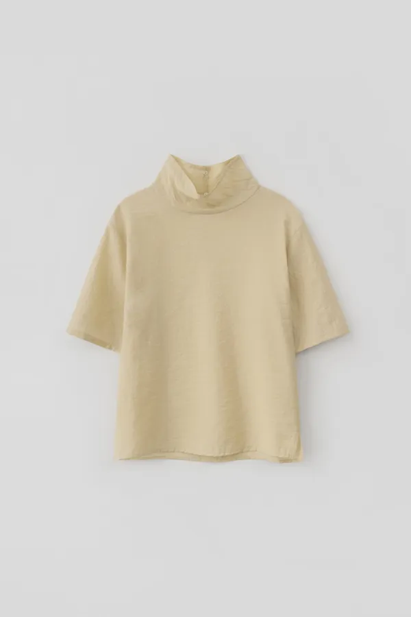 Funnel Neck Back Open Blouse_Beige
