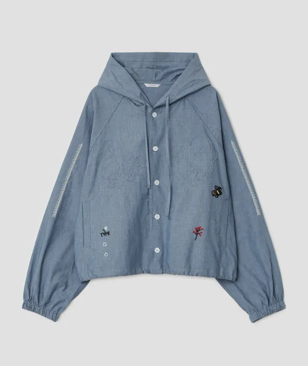 Embroidered Raglan Denim Hood Shirt [Blue]