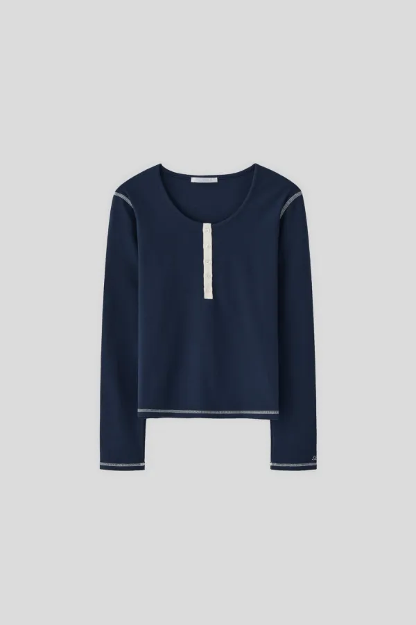 T/T Contrast rib button top (navy)