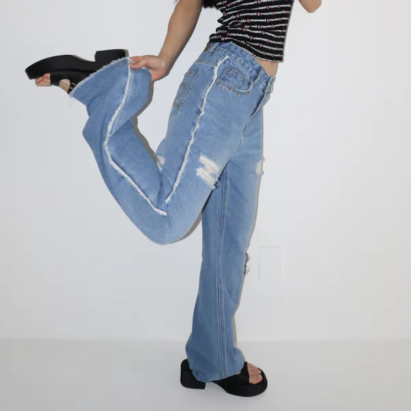 HEART STUD DAMAGE BOOTSCUT DENIM PANTS LIGHT BLUE