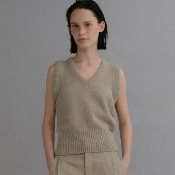 Wool V-neck knit vest_beige