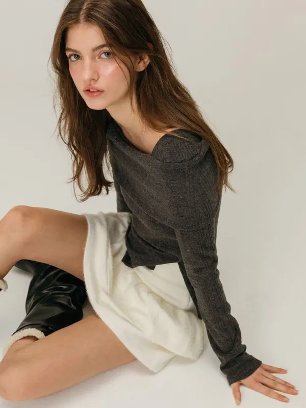 BUTTON OFF SHOULDER T-SHIRT / CHARCOAL