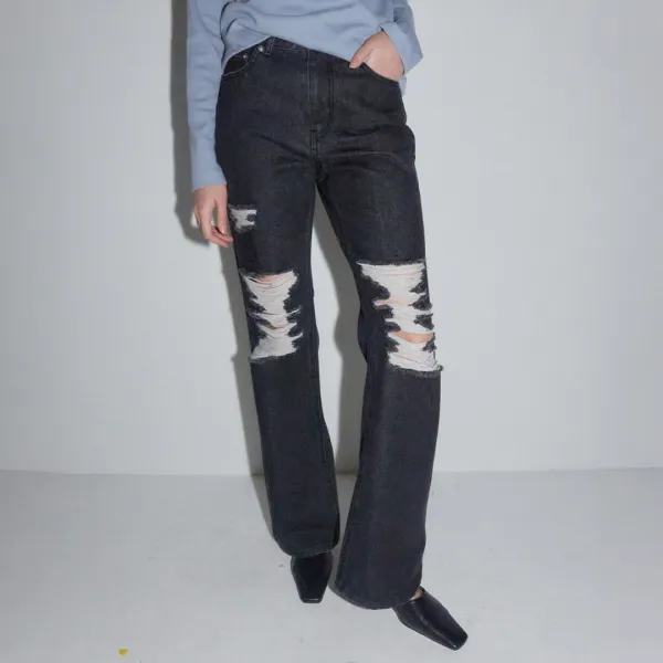 DAMAGE BOOTSCUT DENIM PANTS BLACK