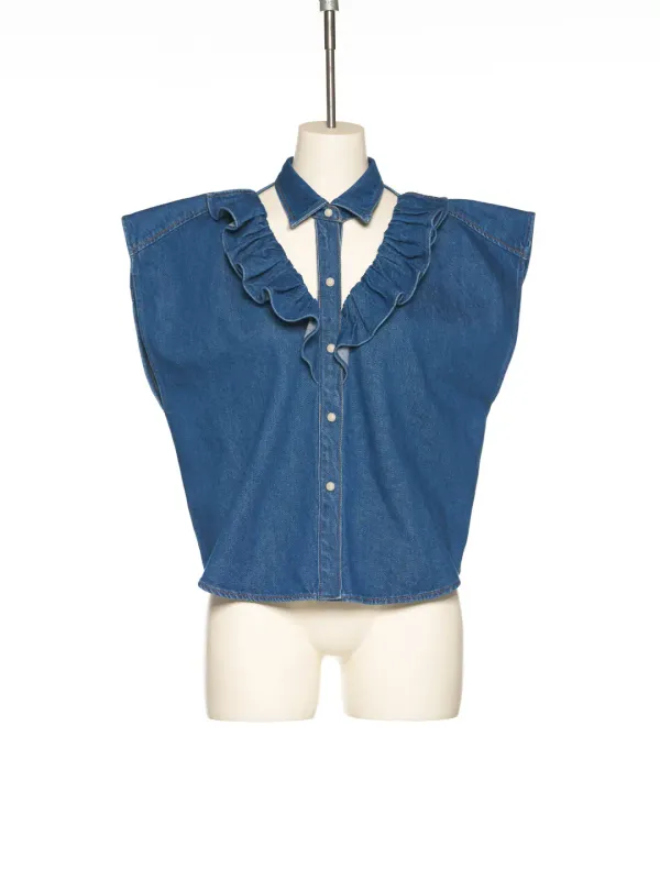 PS25 BLUE FRILL TRIM SLEEVELESS DENIM TOP