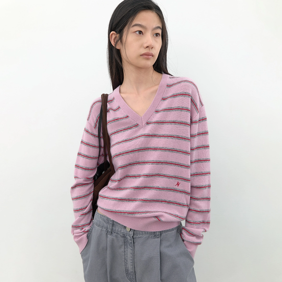 아뜰리에 나인 (T-7302)WOOL STRIPE V-NECK KNIT 상품 이미지 1