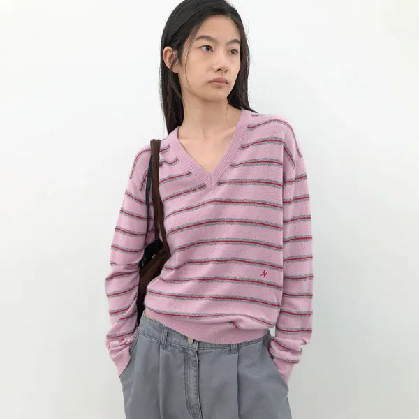 (T-7302)WOOL STRIPE V-NECK KNIT