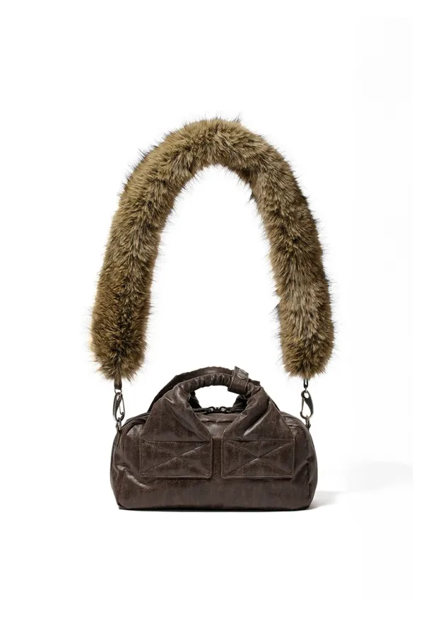 OIL SKIN MINI TOTE w. FURRY STRAP, BROWN