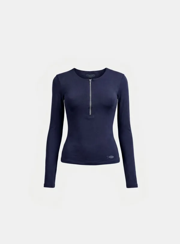 [w-tee26-076] Everyday Zip Henley Long Sleeve T-Shirt - Navy