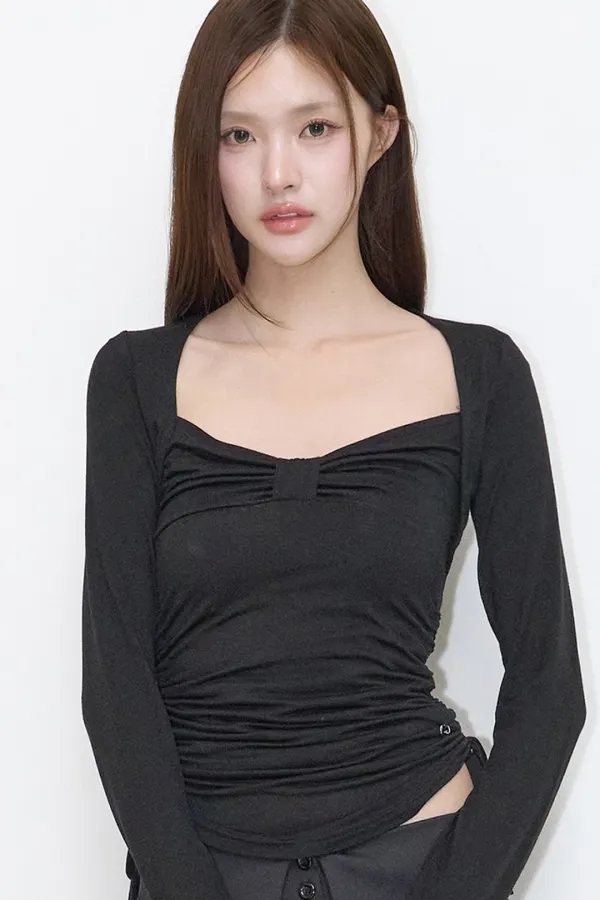 보우 볼레로 셔링 탑 블랙