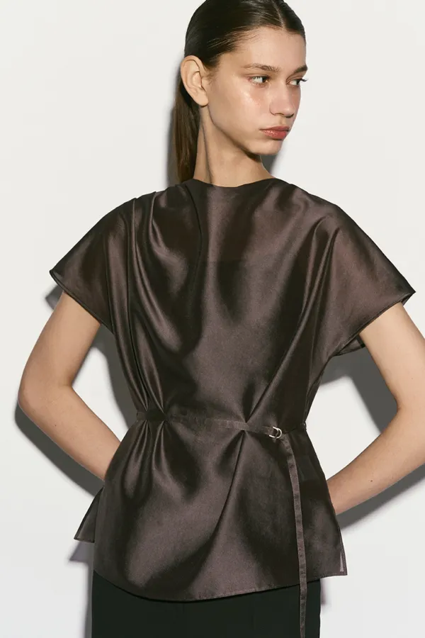 SHEER BELTED BLOUSE COCOA BROWN