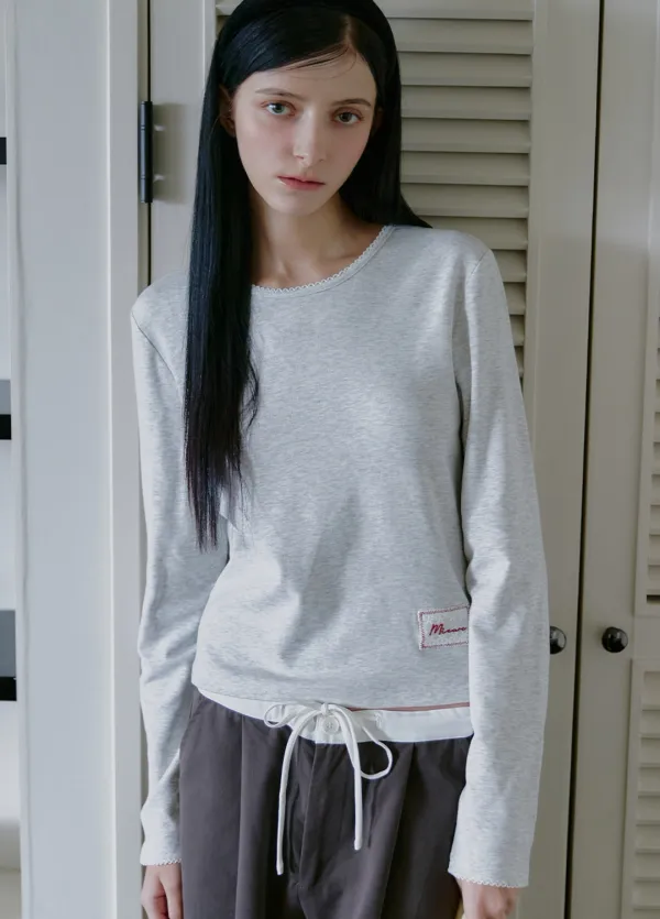[44-120]  Qilorae Mini Lace Tee-long.ver  퀼로레 미니 레이스 티-long.ver (가을-봄-데일리룩-출근룩-데이트룩-캐주얼-이지웨어-베이직-티셔츠-기본티-다이마루-라운드넥-베이직-롱슬리브-미니멀-자체제작) - MICANE