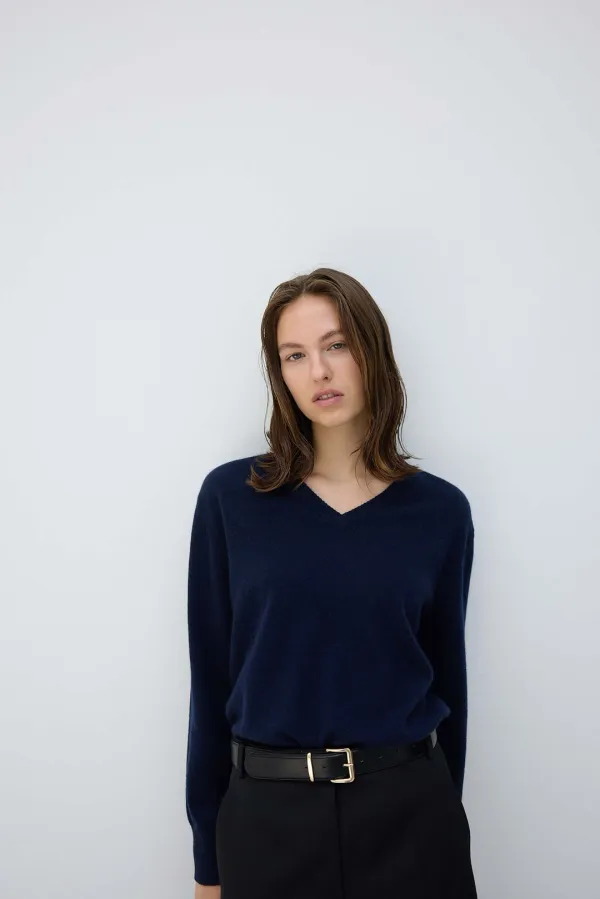 Cashmere100 V-neck pullover_d/navy
