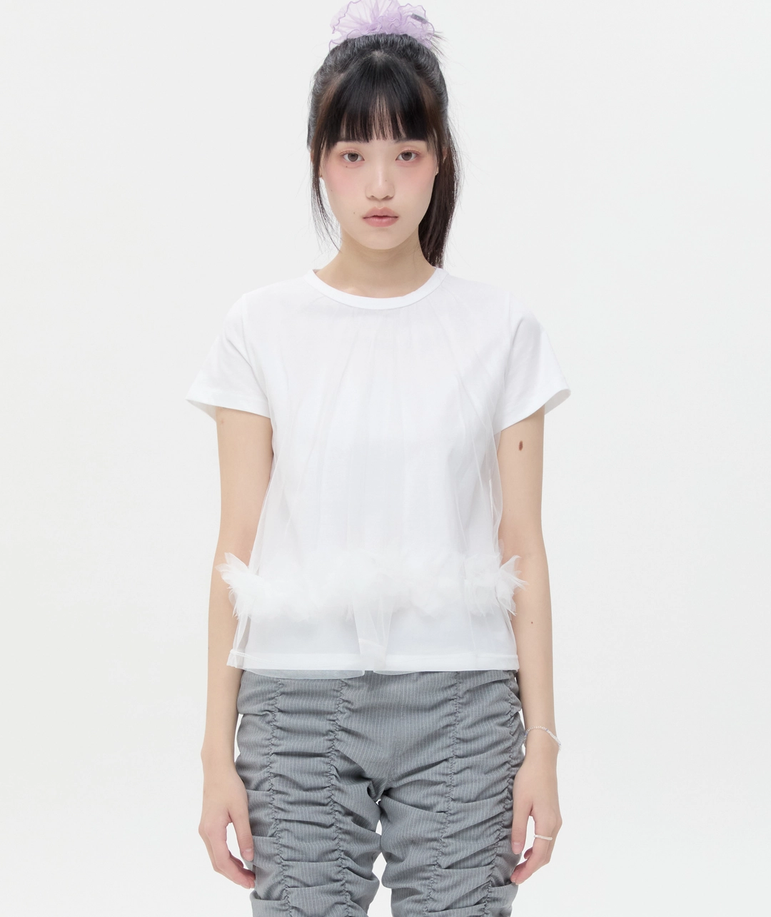 타입서비스 Mesh Layered Shirring Ruffle Top [White] 상품 이미지 1