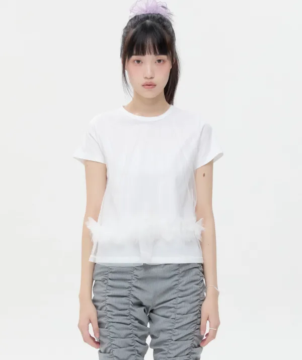 Mesh Layered Shirring Ruffle Top [White]
