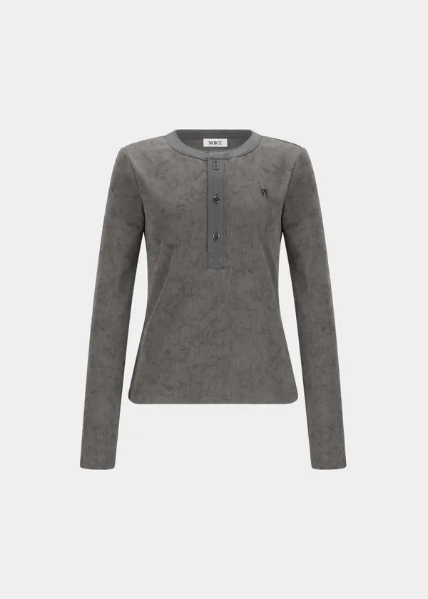 W WASHED RIBBED HENLEY NECK T-SHIRT - GRAY