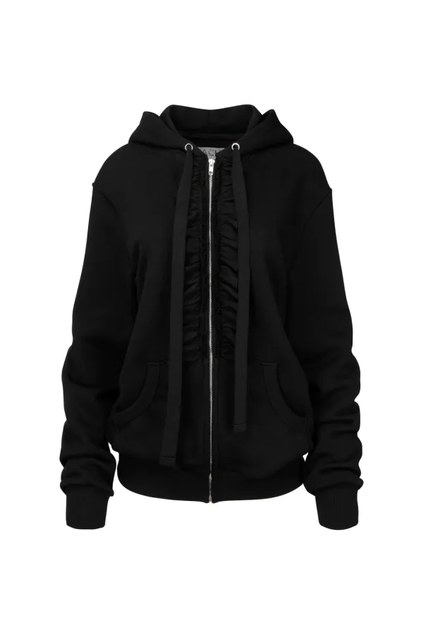 RUFFLE HOODIE ZIP-UP BLACK