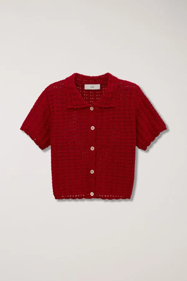 UNISEX OPEN COLLAR CROCHET CARDIGAN RED