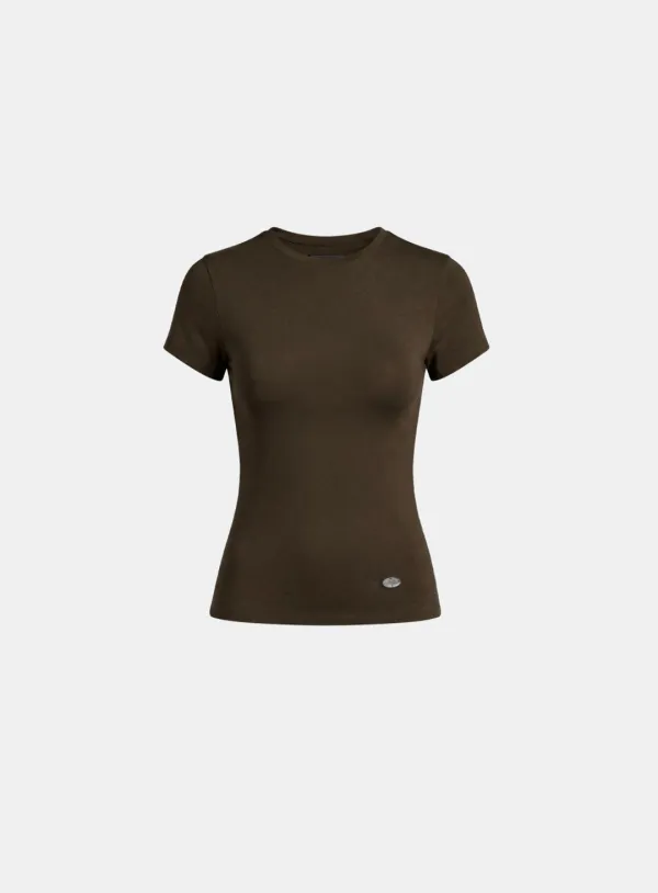 [w-tee26-029] Sleek Cotton Short Sleeve T-Shirt - Khaki Brown